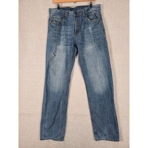 Flypaper Mens Straight Leg Distressed Blue Denim Jeans W34 L34 Medium Wash